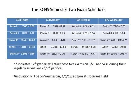 The BCHS Semester Two Exam Schedule