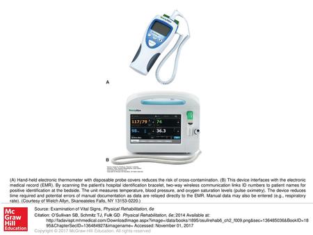 (A) Hand-held electronic thermometer with disposable probe covers reduces the risk of cross-contamination. (B) This device interfaces with the electronic.
