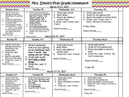 Mrs. Dixon’s First Grade Homework