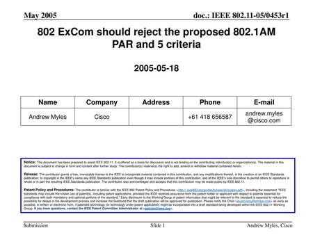 May 2005 doc.: IEEE 802.11-05/0453r1 May 2005 802 ExCom should reject the proposed 802.1AM PAR and 5 criteria 2005-05-18 Notice: This document has.