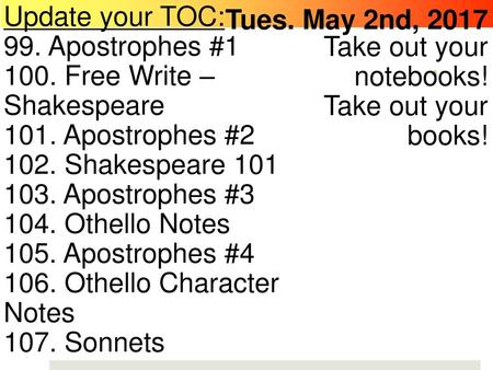 Update your TOC: 99. Apostrophes #1 100. Free Write – Shakespeare