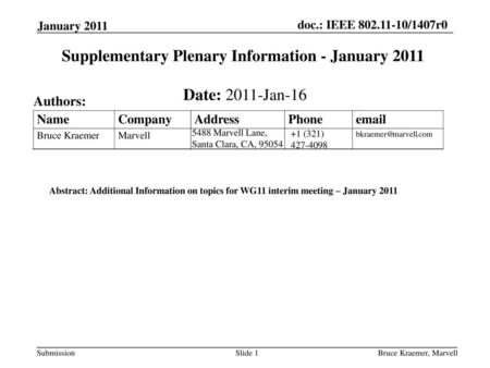 Supplementary Plenary Information - January 2011