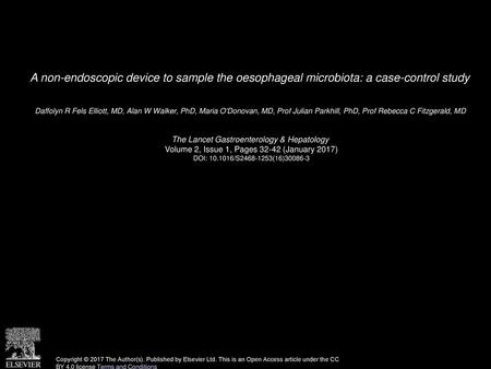 A non-endoscopic device to sample the oesophageal microbiota: a case-control study  Daffolyn R Fels Elliott, MD, Alan W Walker, PhD, Maria O'Donovan, MD,