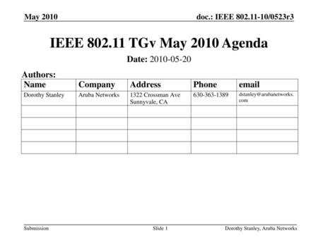 IEEE TGv May 2010 Agenda Date: Authors: May 2010