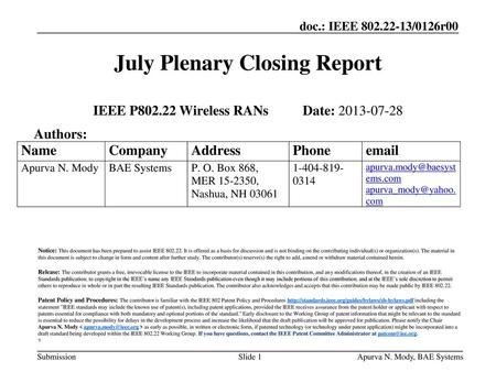 July Plenary Closing Report