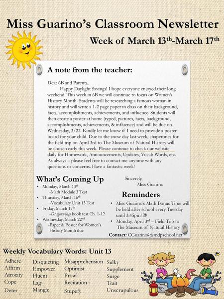 Miss Guarino’s Classroom Newsletter Week of March 13th-March 17th