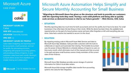 Microsoft Azure Automation Helps Simplify and Secure Monthly Accounting for Small Business “Migrating to Microsoft Azure has given us the structure and.