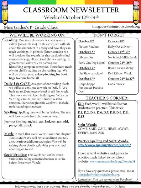 CLASSROOM NEWSLETTER Week of October 10th-14th
