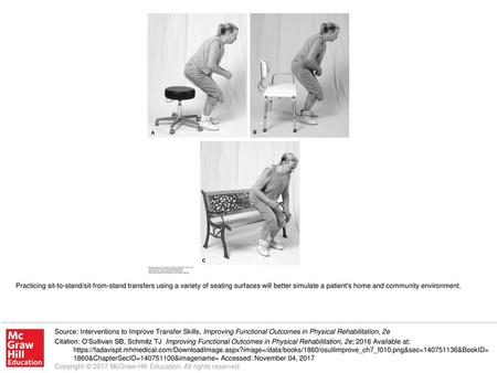 Practicing sit-to-stand/sit-from-stand transfers using a variety of seating surfaces will better simulate a patient's home and community environment. Source: