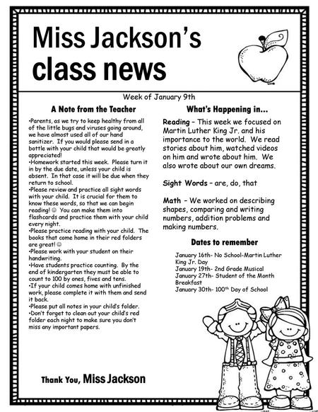 class news Miss Jackson’s A Note from the Teacher