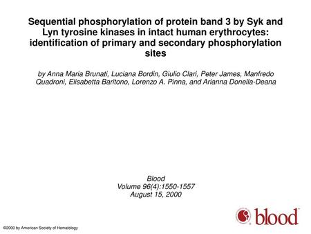 Sequential phosphorylation of protein band 3 by Syk and Lyn tyrosine kinases in intact human erythrocytes: identification of primary and secondary phosphorylation.