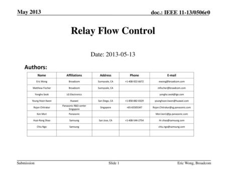 Relay Flow Control Date: Authors: May 2013 Month Year