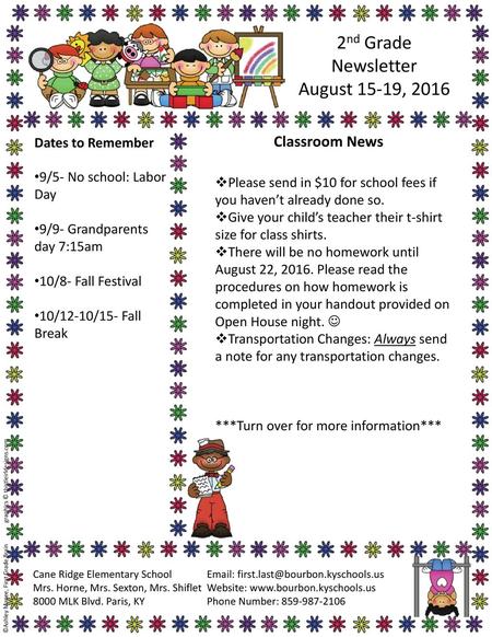 2nd Grade Newsletter August 15-19, 2016 Classroom News