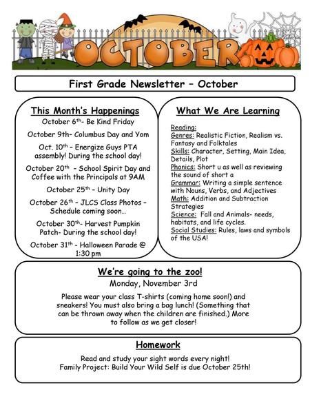 First Grade Newsletter – October This Month’s Happenings