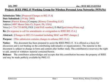 July, 2003 Project: IEEE P802.15 Working Group for Wireless Personal Area Networks (WPANs) Submission Title: [Proposed Changes to 802.15.4] Date Submitted: