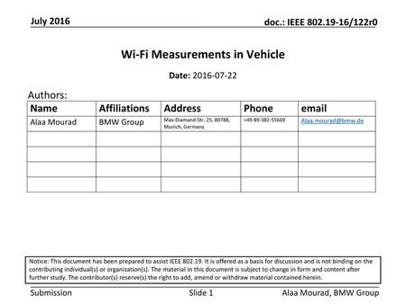 Wi-Fi Measurements in Vehicle