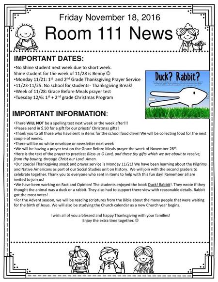 Room 111 News Friday November 18, 2016 Important dates: