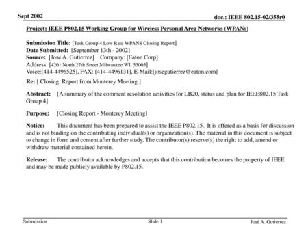 Sept 2002 Project: IEEE P802.15 Working Group for Wireless Personal Area Networks (WPANs) Submission Title: [Task Group 4 Low Rate WPANS Closing Report]