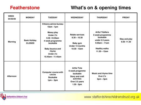 Featherstone What's on & opening times