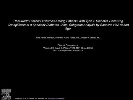 Real-world Clinical Outcomes Among Patients With Type 2 Diabetes Receiving Canagliflozin at a Specialty Diabetes Clinic: Subgroup Analysis by Baseline.