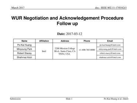 WUR Negotiation and Acknowledgement Procedure Follow up