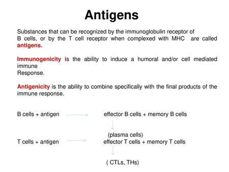 Antigens Substances that can be recognized by the immunoglobulin receptor of B cells, or by the T cell receptor when complexed with MHC are called antigens.
