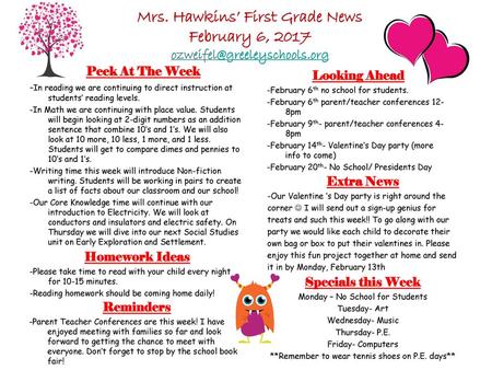 Mrs. Hawkins’ First Grade News February 6, 2017