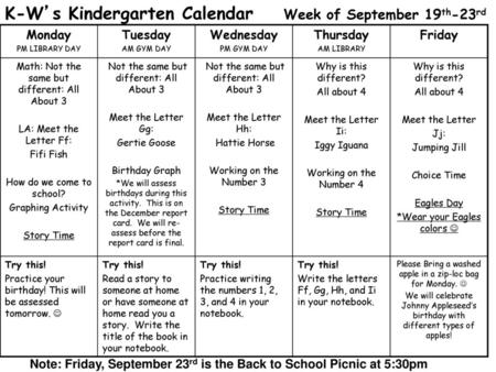 K-W’s Kindergarten Calendar Week of September 19th-23rd