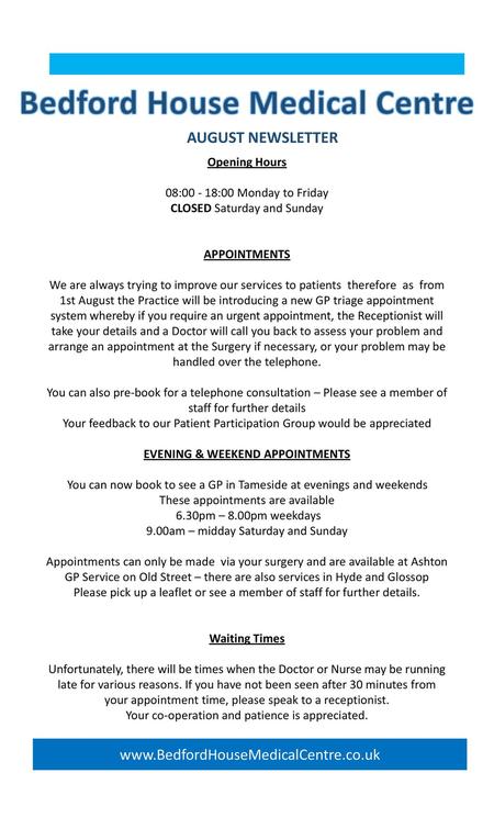 Bedford House Medical Centre EVENING & WEEKEND APPOINTMENTS