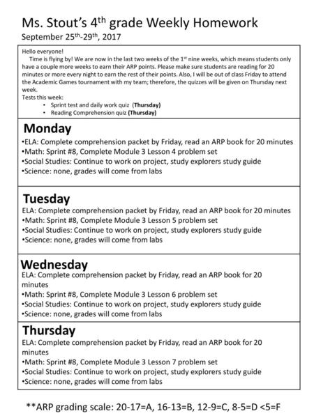 Ms. Stout’s 4th grade Weekly Homework September 25th-29th, 2017