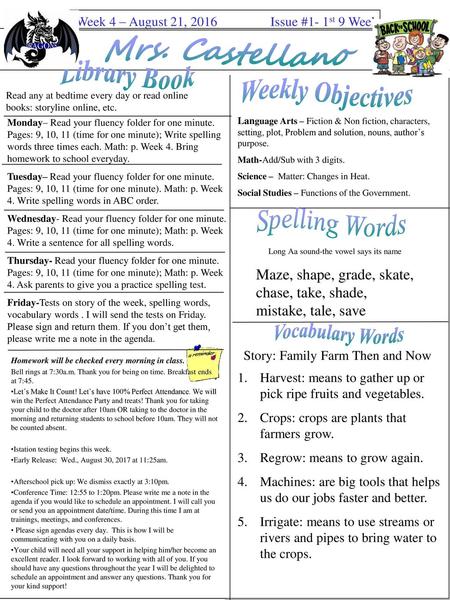 Mrs. Castellano Library Book Weekly Objectives Spelling Words