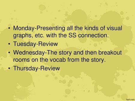 Monday-Presenting all the kinds of visual graphs, etc
