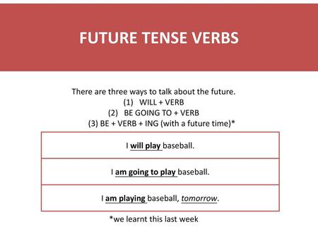 FUTURE TENSE VERBS There are three ways to talk about the future.