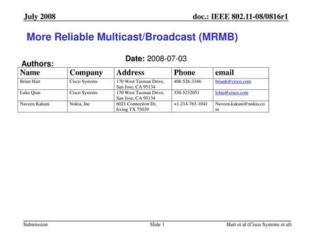 More Reliable Multicast/Broadcast (MRMB)