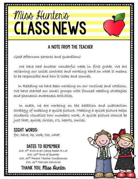 class news Miss Hunter’s A Note from the Teacher