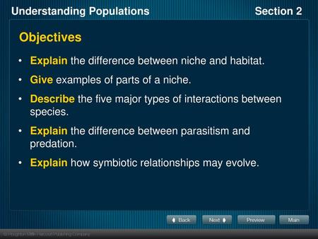 Objectives Explain the difference between niche and habitat.