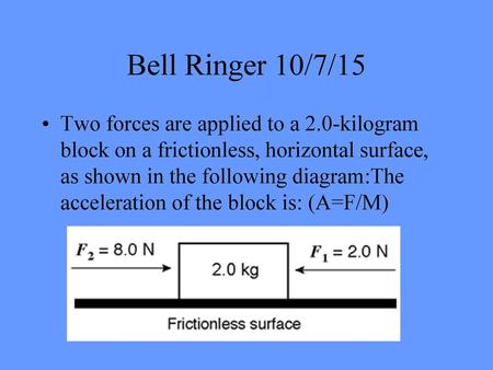 Bell Ringer 10/7/15 Two forces are applied to a 2.0-kilogram block on a frictionless, horizontal surface, as shown in the following diagram:The acceleration.