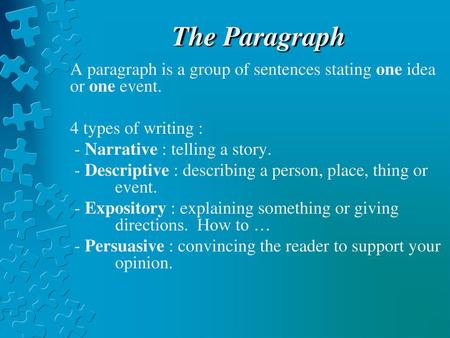 The Paragraph A paragraph is a group of sentences stating one idea or one event. 4 types of writing : - Narrative : telling a story. - Descriptive : describing.