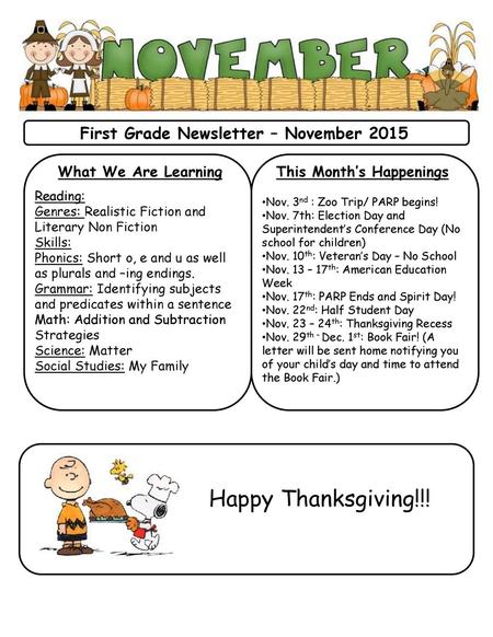 First Grade Newsletter – November 2015 This Month’s Happenings