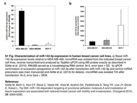 A b S1 Fig. Characterization of miR-142-3p expression in human breast cancer cell lines. a) Basal miR-142-3p expression levels relative to MDA-MB-468.