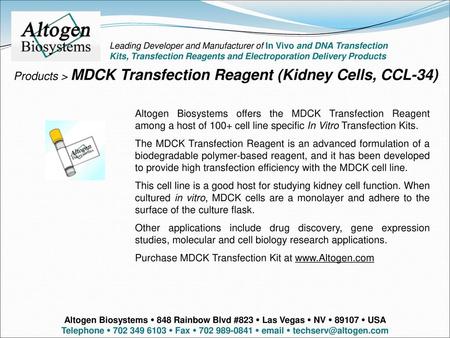 Products > MDCK Transfection Reagent (Kidney Cells, CCL-34)