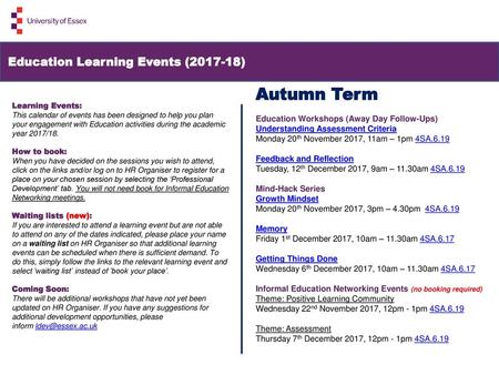 Autumn Term Education Learning Events ( )