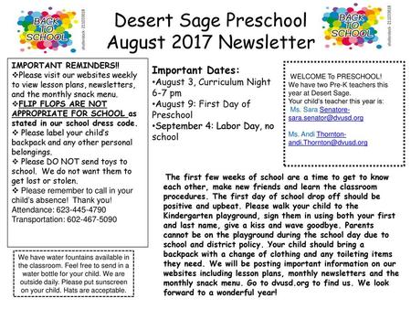 Desert Sage Preschool August 2017 Newsletter Important Dates: