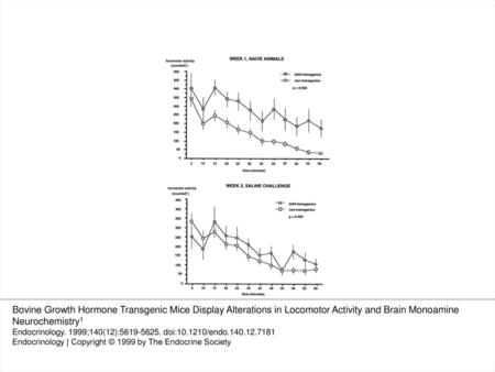 Fig. 1 Top, Locomotor activity in male bGH transgenic mice (n = 10) and nontransgenic control mice (n = 25) at their first encounter with the locomotor.