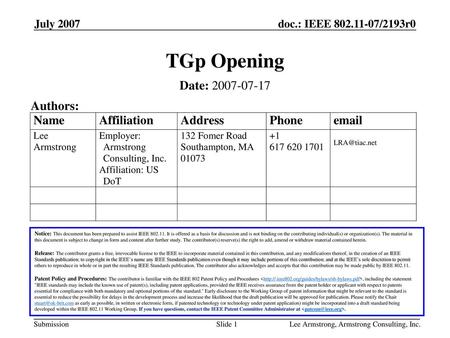 TGp Opening Date: Authors: July 2007 Month Year