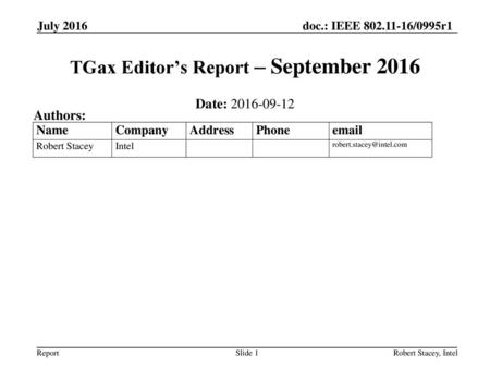 TGax Editor’s Report – September 2016