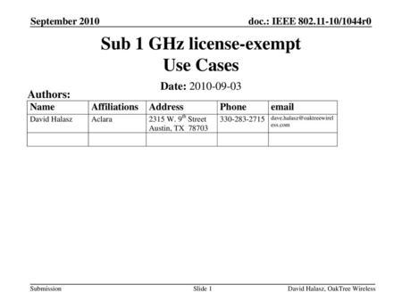 Sub 1 GHz license-exempt Use Cases