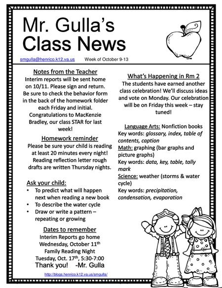 Mr. Gulla’s Class News Notes from the Teacher What’s Happening in Rm 2