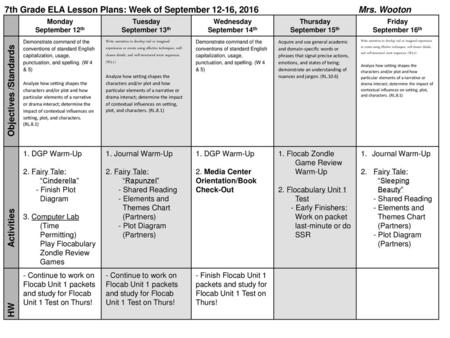 7th Grade ELA Lesson Plans: Week of September 12-16, 2016 Mrs. Wooton