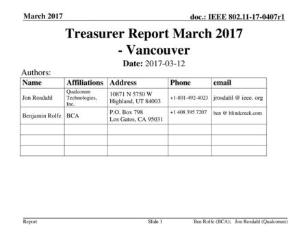 Treasurer Report March Vancouver